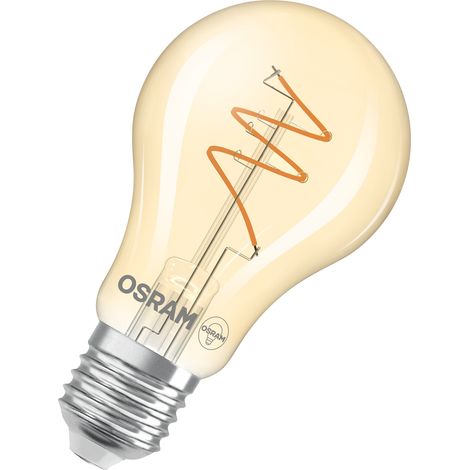 OSRAM Vintage 1906 Classic is a warm white, dimmable LED bulb with a spiral filament. It offers 4.9 W for 470 lm, E27 socket, gold-coloured glass, 60 mm diameter, 2,700 K.