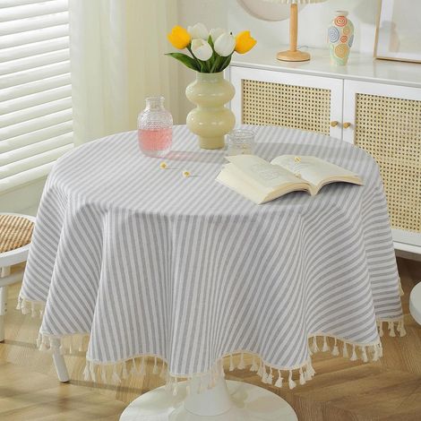 Gestreifte Tischdecke mit Quasten, abwaschbar, 150cm Rund, Grau/Weiß