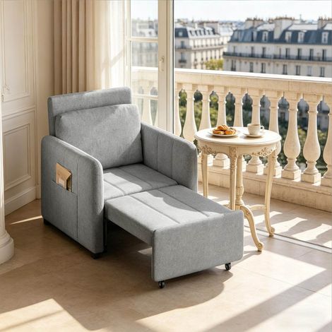 Poltrona letto 3 in 1 in tessuto e metallo grigio chiaro, schienale regolabile 5 posizioni, 76,5 x 82,5 x 85 cm (1/5)