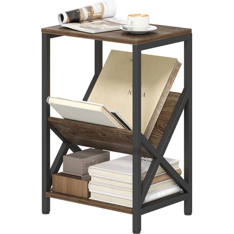 Narrow Side Table, End Table 3-Tier Storage, V-Shaped Magazine Holder for Living Room, Bedroom, 40 x 30 x 61cm, Oak (1/5)