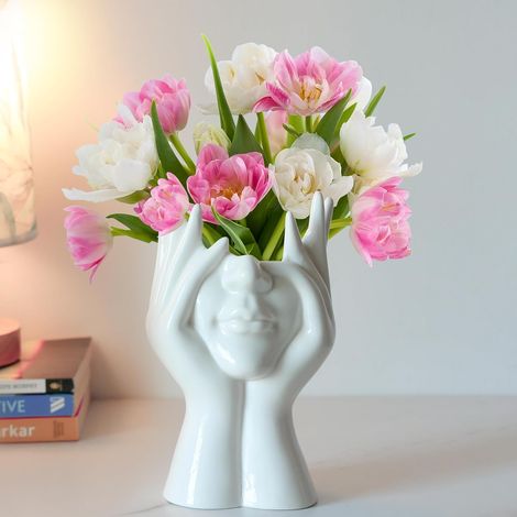 Jarrón de cerámica blanca con forma de rostro, de 18 cm de alto x 9 cm de ancho, ideal para hierba de la pampa, ramos de flores frescas y decoración de interiores.