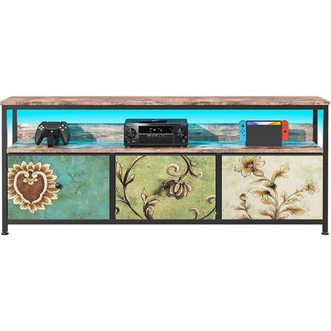 Mueble de TV - 108 cm - LED RGB - Madera y Metal Negro - 4 Cajones de Tela