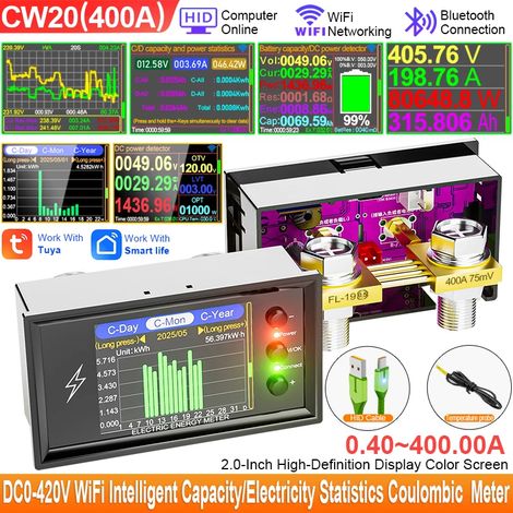Tuya CW20 DC0-420V WiFi Smart Digital Lithium Battery Capacity Tester with DC Voltage, Current and Power Display (Coulomb Meter) (1/5)