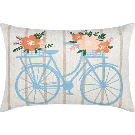Coussin coton motif vélo fleuri Bleu 40x60 cm (1/3)
