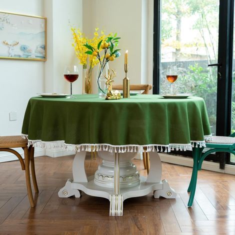 Nappe ronde coton lin avec franges vert foncé 220 cm