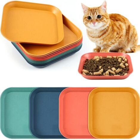 Lot de 12 gamelles pour chat, anti-fatigue, peu profondes, en paille de blé (couleurs vintage, carrées) (1/5)