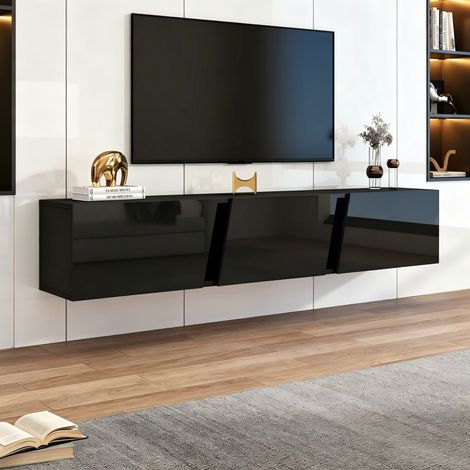 Mueble TV flotante (180x35x30 cm), con iluminación LED controlada por APP, 3 puertas, tablero de partículas, negro (1/5)
