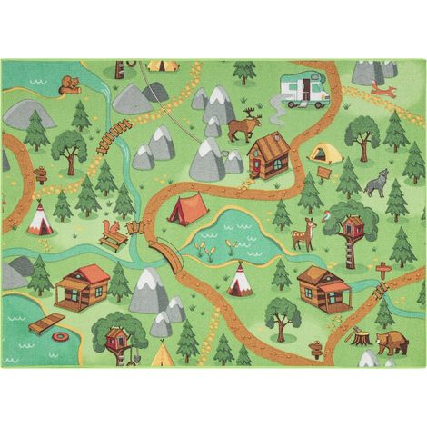 REBEL ROADS TEPPICH Wild life 90 Wald, Tiere rutschfest für Kinder - grün green 95x200 cm