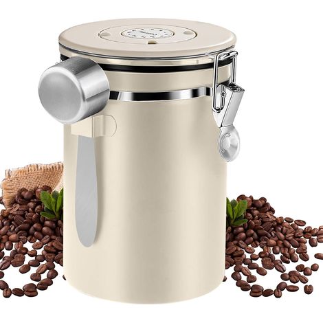 LaBlanc - Contenitore ermetico per caffè in acciaio inossidabile da 1,8 l con cucchiaio, contenitore ermetico per caffè, con indicatore della data, bianco (1/5)
