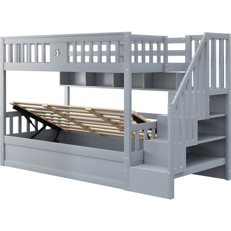 Cama alta 90 x 200 cm con cama baja hidráulica, escalera de almacenaje y estantes, gris - HOMVRA (1/5)