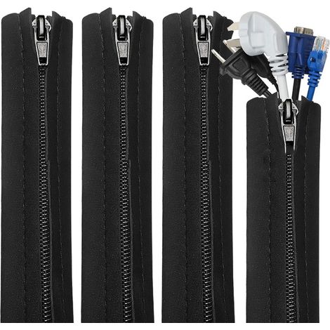 Ensemble de 4 gaines de rangement pour câbles avec fermeture éclair, noires, tressées et auto-enroulables, pour câbles USB, alimentation et audio/vidéo (PC/TV), à la maison ou au bureau. (1/5)