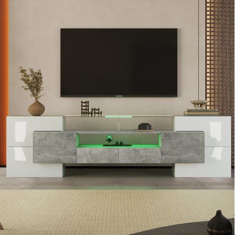 Mobile TV in MDF grigio effetto cemento e bianco lucido 200x35x60 cm con 6 ante, 2 cassetti, 3 vani e LED (1/5)
