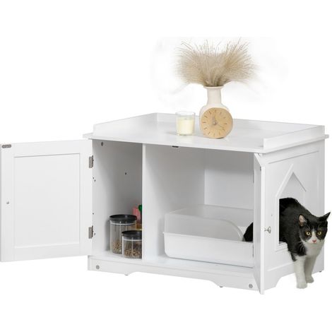 Katzenschrank Katzentoilette Verstellbare Trennwand Magnettüren Weiß 86X48X52Cm