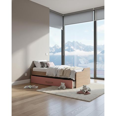 Letto attrezzato Jonny - Letto salvaspazio moderno per cameretta - Struttura virginia con il cassettone del letto rosa- Letto estraibile inferiore - Rete a doghe inclusa e materassi esclusi (1/4)
