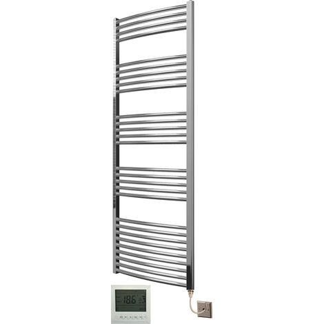 Greened House 600mm wide x 1600mm high Chrome Curved Electric Heated Towel Rail Designer Towel radiator + 7 Day Timer and Room Thermostat (1/4)