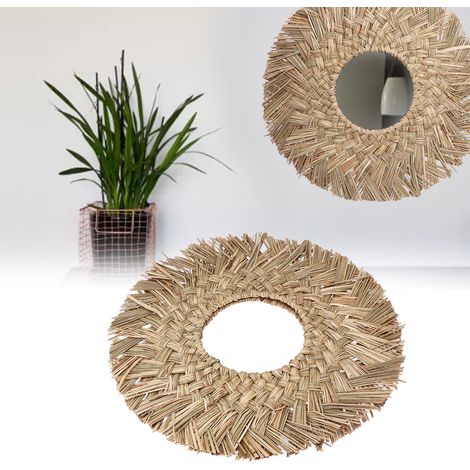 Miroir décoratif mural de style rétro nordique avec pompon tissé à la main, idéal comme décoration de chevet, couleur naturelle tissée (1/5)