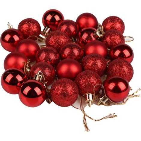 Lot de 24 boules de Noël décoratives de 3 cm (1,2 pouce) en plastique métallisé mat à paillettes, à suspendre au sapin pour les fêtes de fin d'année, rouge. (1/5)