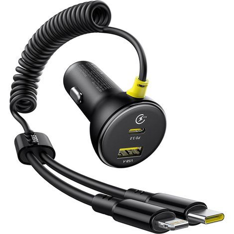Cargador de coche USB-A USB-C con cable Lightning USB-C para iPhone, 60 W, 1,4 m - Negro (1/5)