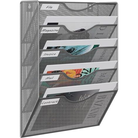Metallener Wandmagazinhalter mit 5 Fächern, Hängender Dokumentenhalter, A4-Schreibtischorganizer, Hängeablage, Papierorganizer, Wand-Briefkorb, Silber (1/5)