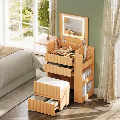 Coiffeuse en bois massif avec miroir LED et tabouret à roulettes (1/5)