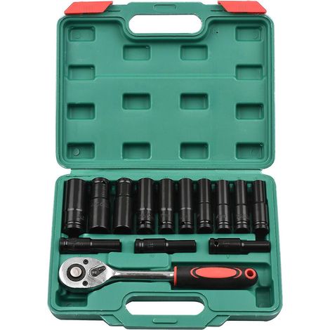 1/2-Zoll-Antrieb Sechskant-Schlagschrauber-Steckschlüsselsatz, 20-teilig, tiefe Steckschlüssel, metrische Größen 8–32 mm, CR-V-Material, mit Aufbewahrung – 14 Stück  8–24 mm – Schwarz