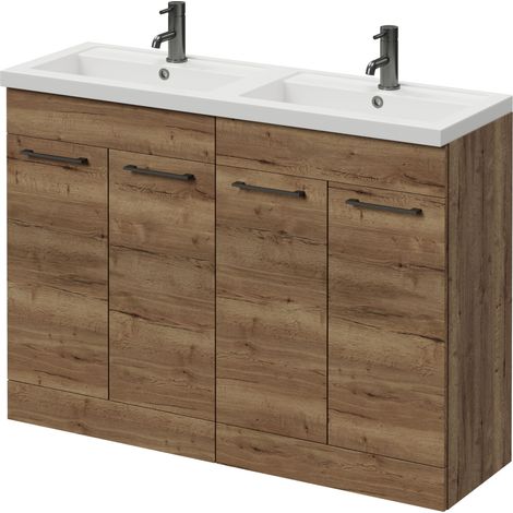 Napoli 390 Tobacco Oak 1200mm 4 Door Vanity Unit with Double Lucia Basins - 1200mm - Gunmetal Grey 160mm Handle