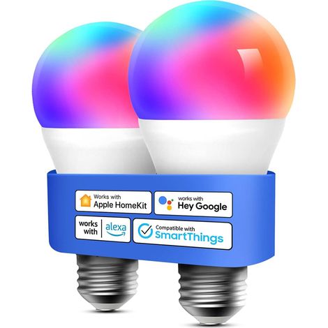 2 ampoules LED intelligentes WiFi E27 9W RGBWW 850lm, à intensité variable, compatibles avec HomeKit, Alexa et Google.