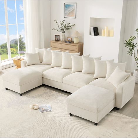 Sofá esquinero modular de 6 plazas beige con USB y USB-C DESVIAE (1/5)