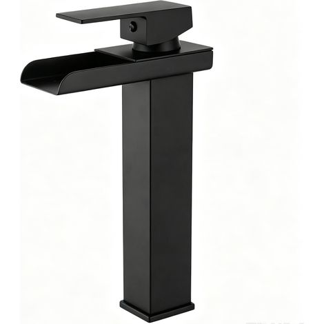 Robinet de Lavabo Cascade Noir Mat Haut en Acier Inoxydable 304 - Mitigeur Chaud/Froid pour Vasque à Poser avec Cartouche en Laiton (Modèle Haut - 8007A) (1/5)