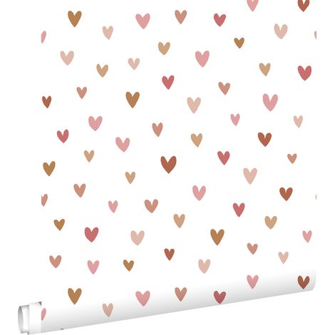 Papier peint à motif cœurs terracotta et rose – Dimensions 53cm x 10,05m – Écologique et facile à poser – Pour chambre d'enfant – Estahome (1/5)