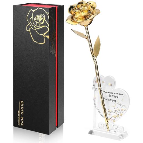 Rose 24K dorée à l'or véritable, roses plaquées or pour femme, cadeau romantique anniversaire, Saint-Valentin, mariage, décoration luxueuse, teinte dorée, fleur éternelle (1/3)