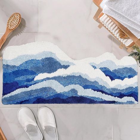 Tapis de Bain Grand Format 50x120cm,Forme Irrégulière Vague Bleue,Doux Épais Absorbant,Fond TPR Antidérapant,Idéal pour Salle de Bain,Cuisine,Salon,Chambre Enfant,Couloir,Entrée et WC (1/5)