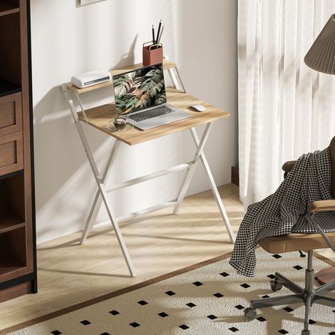Bureau escamotable 65,5 x 45 cm avec tablette de rangement, idéal studio et petite pièce, bois massif naturel, meuble compact multifonction. (1/5)
