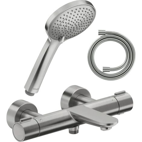 Conjunto de mezclador termostático para bañera/ducha DURAVIT Wave + cabezal de ducha universal 3 chorros + manguera de 160 cm en acero inoxidable cepillado (1/4)