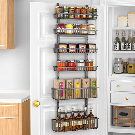 Organiseur de garde-manger à 6 niveaux au-dessus de la porte, organisation et rangement de garde-manger, panier suspendu noir, étagère à épices murale, étagères d'assaisonnement, maison et (1/5)