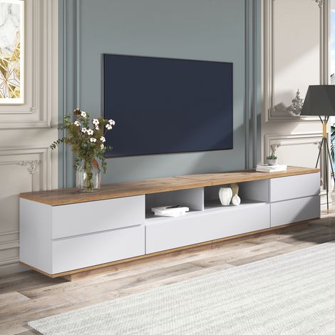 Modernluxe – Meuble TV scandinave 180 cm – 5 portes sans poignée – 8 compartiments – MDF haute qualité – Couleur naturel et blanc