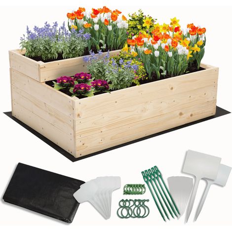 MODO24 Carré potager surélevé en bois, 2 niveaux en cascade, 36x90x63 cm, jardin/terrasse, kit jardinier inclus, naturel