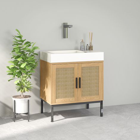 REDOM Meuble sous lavabo 60x39x60cm Grand rangement bois style boho éléments rotin pieds métalliques noirs Couleur naturelle (1/5)