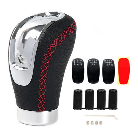Pommeau de levier de vitesse universel en cuir avec 4 adaptateurs et 3 capuchons de rechange, pour voiture manuelle de 8 mm, 10 mm, 10 mm, 12 mm(Ligne rouge) (1/4)