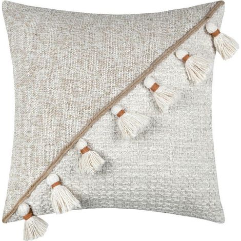 Cojín ZIANA de 45x45 cm con flecos beige