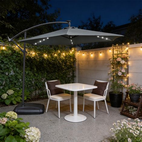 Patio umbrella 2.35m with solar-powered 32 LED lights – UV protective polyester – Heavy-duty all-metal frame – Grey – Abrihome (1/5)