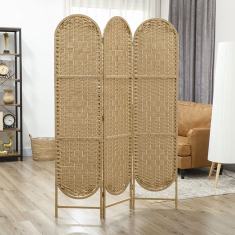 Paravent 3 panneaux 120x170 cm avec sommet arqué, tissé à la main, en fibres naturelles, pliable