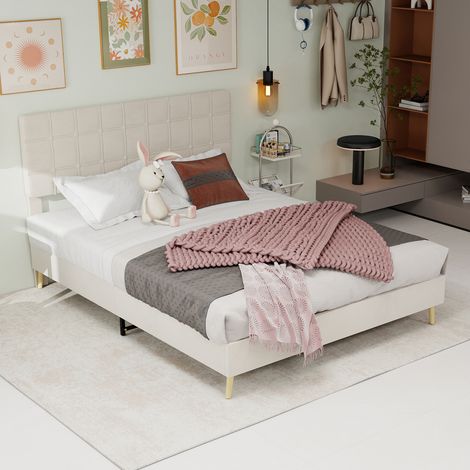 Lit double en velours beige 160x200 cm avec tête de lit capitonnée à carreaux (1/5)