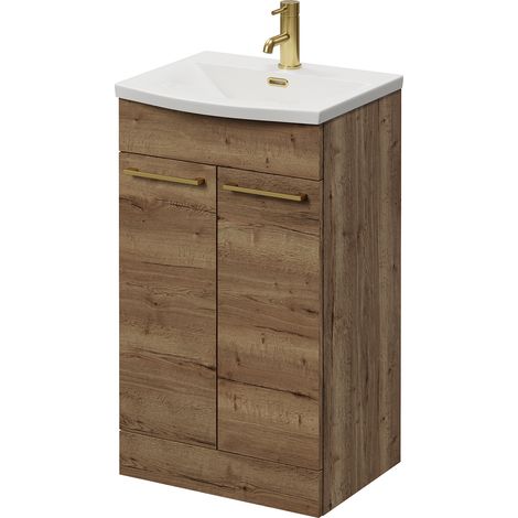 Napoli 390 Tobacco Oak 500mm 2 Door Vanity Unit with Arc Basin - 500mm - Brushed Brass 160mm Handle