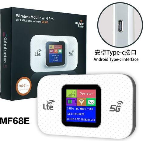 MF68E - Portable 4G Wi-Fi Router with Typ-C Interface, Color Screen, 3000Mbps, and SIM Card Slotting.