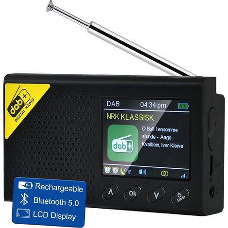 Radio Dab, Dab+ Bluetooth Portable Batterie Rechargeable ou Alimentation par câble USB-C 12 Heures de Lecture, Affichage LCD 2.4“, Prise Casque Double Alarme, FM, 40+ présélections (1/5)