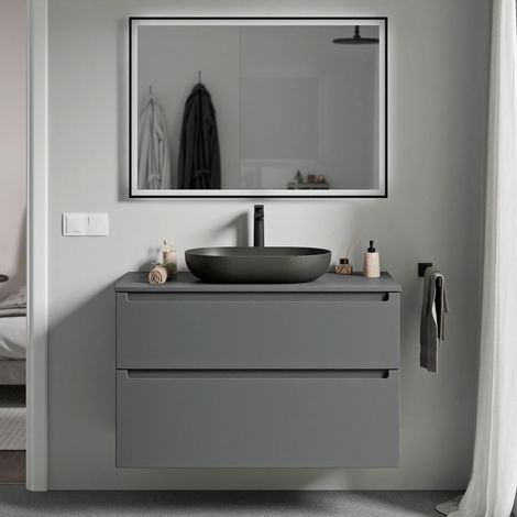 BERNSTEIN - Meuble sous vasque suspendu pour lavabo à poser, 2 tiroirs pivotants - Garantie 5 ans -  99,8x45,5x62cm - VIREO - Couleur meuble, Couleur Plan vasque : Anthracite mat, Anthracite mat