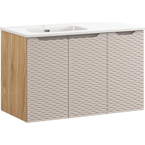 Conjunto de baño YOKA beige: mueble bajo lavabo con armarios de 90 cm + lavabo para encastrar
