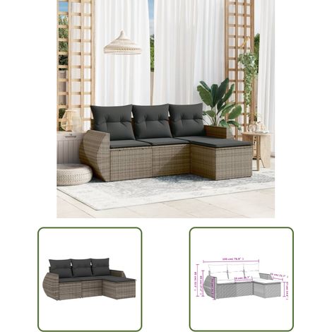 The Living Store Salon de jardin 4 pcs avec coussins gris résine tressée - Ensemble Salon De Jardin - Mobilier De Jardin - Canapé Extérieur - Chaise Extérieure - Table Basse (1/3)