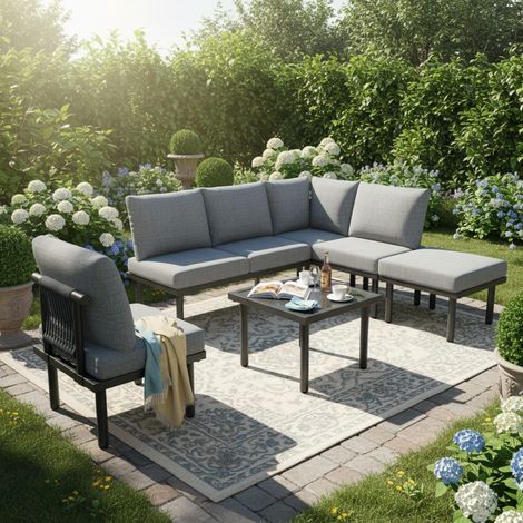 Ensemble de salon de jardin 6 pièces en corde grise gris - Structure fer galvanisé, pieds réglables, plateau en verre lisse avec coussins d'assise et de dossier inclus